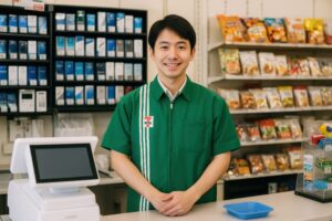 有名コンビニ制服を着た男性スタッフの笑顔