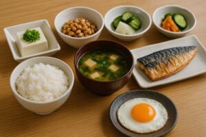 白い器に盛り付けられたバランスの良い和朝食