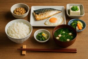 納豆と漬物が添えられた日本の伝統的な朝食