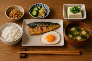 焼き鯖と目玉焼きが主菜の健康的な和定食