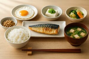明るい木のテーブルに並ぶ典型的な和朝食