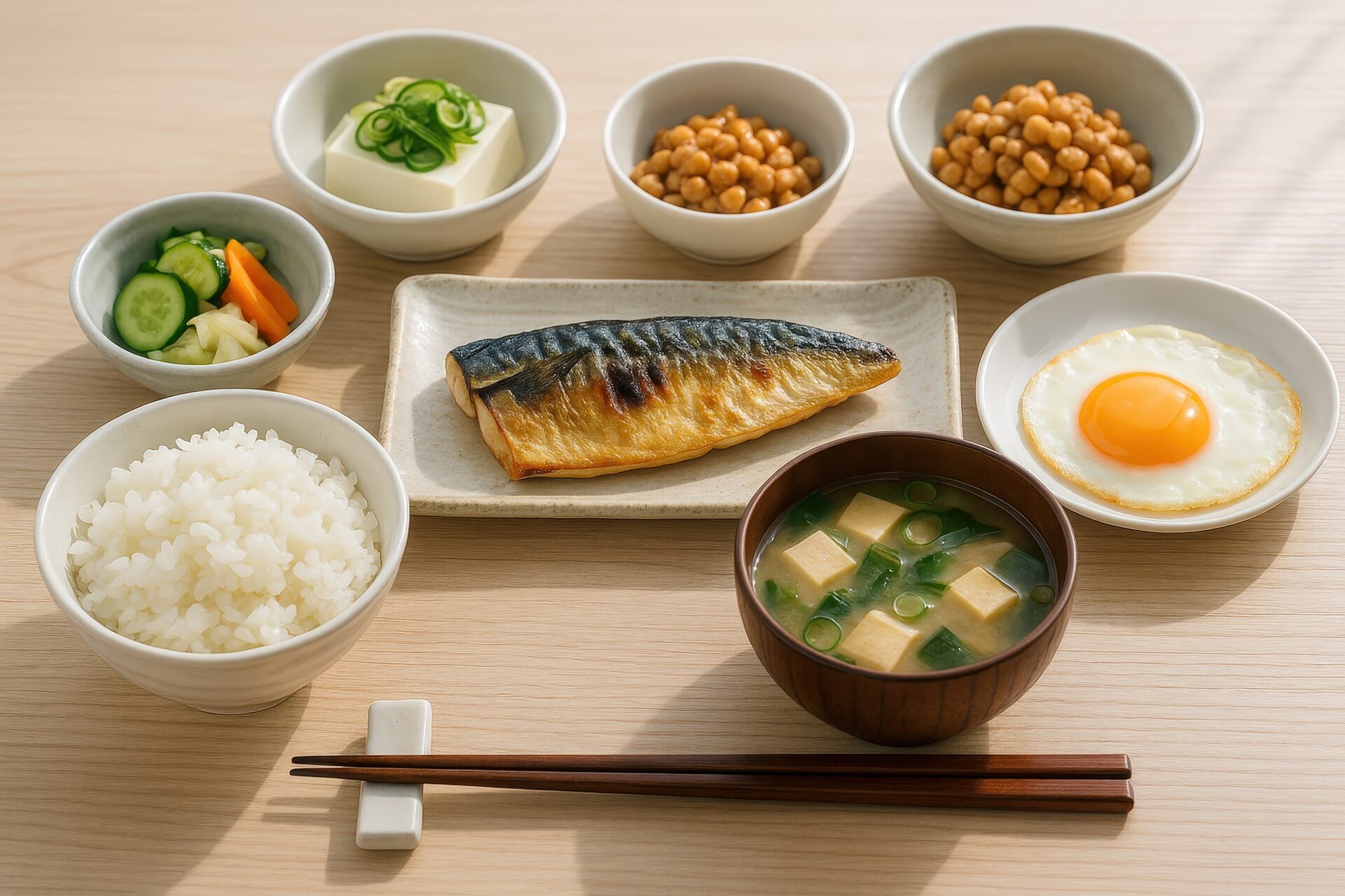 納豆と豆腐が添えられた品数豊富な和朝食