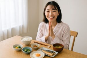 朝食を前に笑顔で手を合わせる若い女性