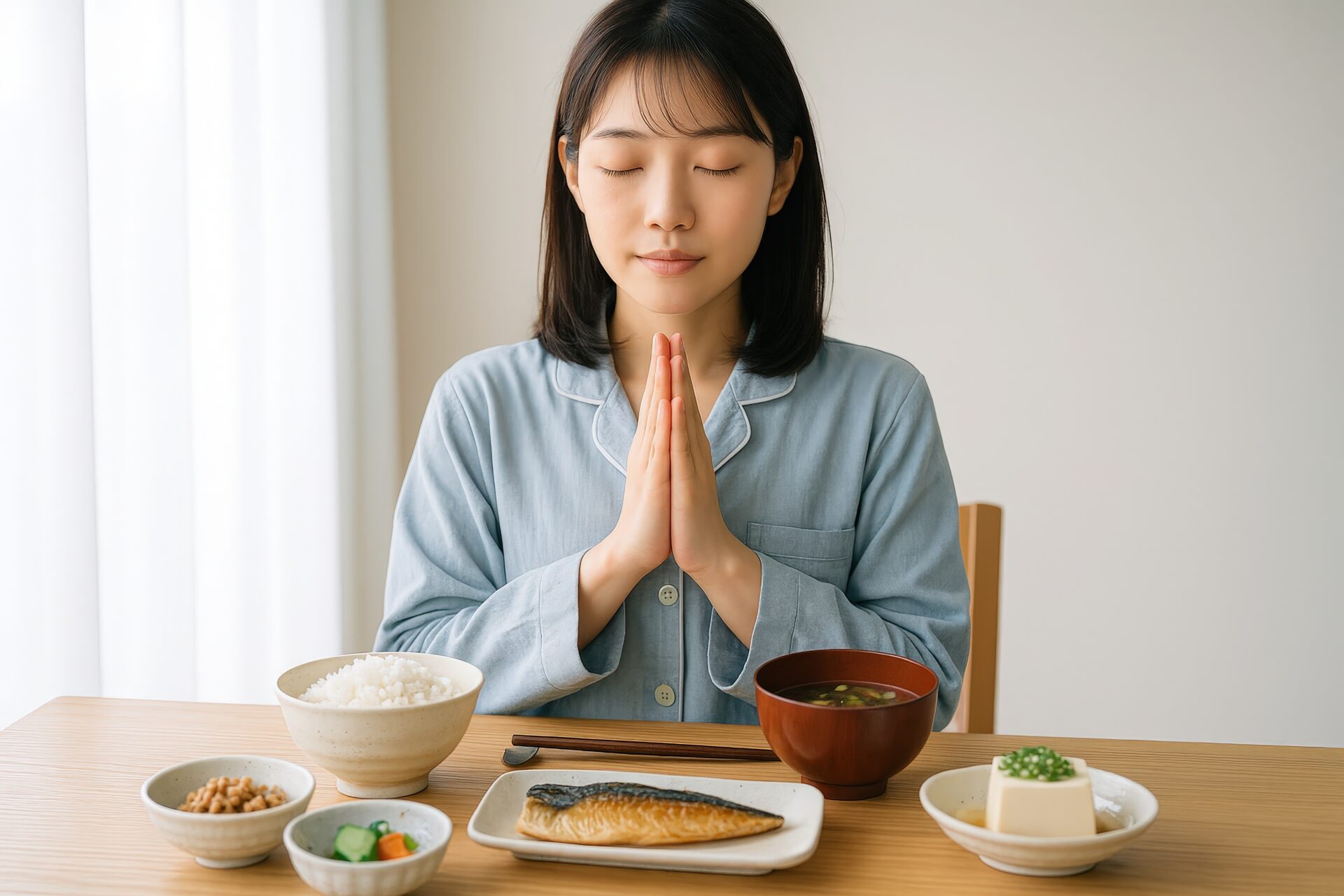 落ち着いた表情で朝食前に手を合わせる女性