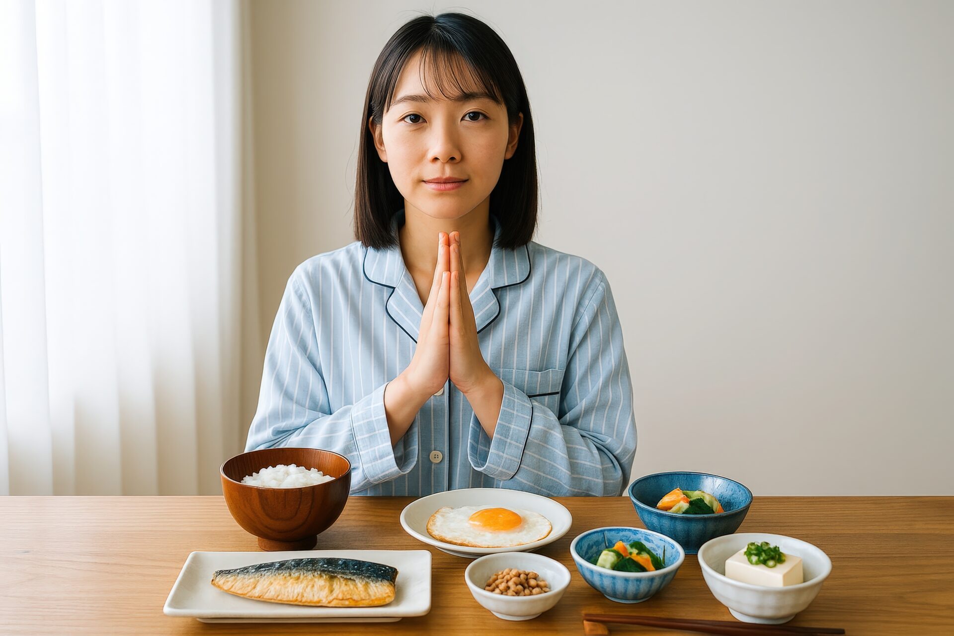 朝食を前に手を合わせるパジャマ姿の若い女性