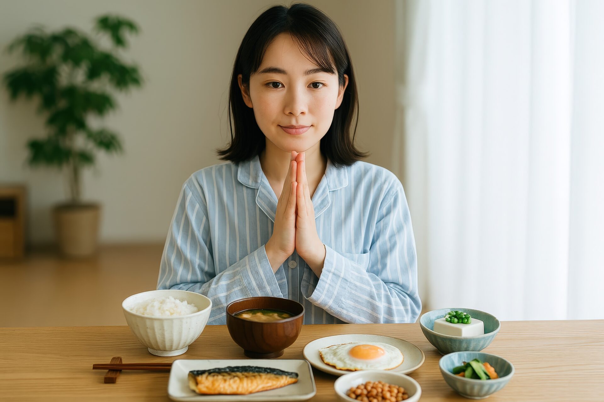 和朝食に感謝の気持ちを込めて手を合わせる女性