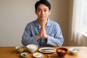 和定食を前に手を合わせるパジャマ姿の若い男性