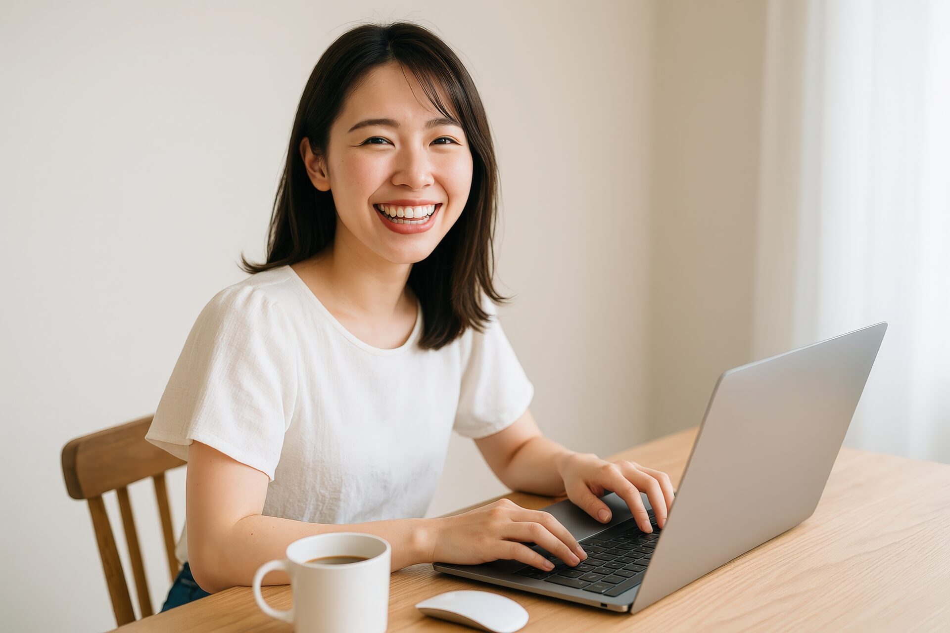 ノートパソコンで作業する笑顔の若い女性