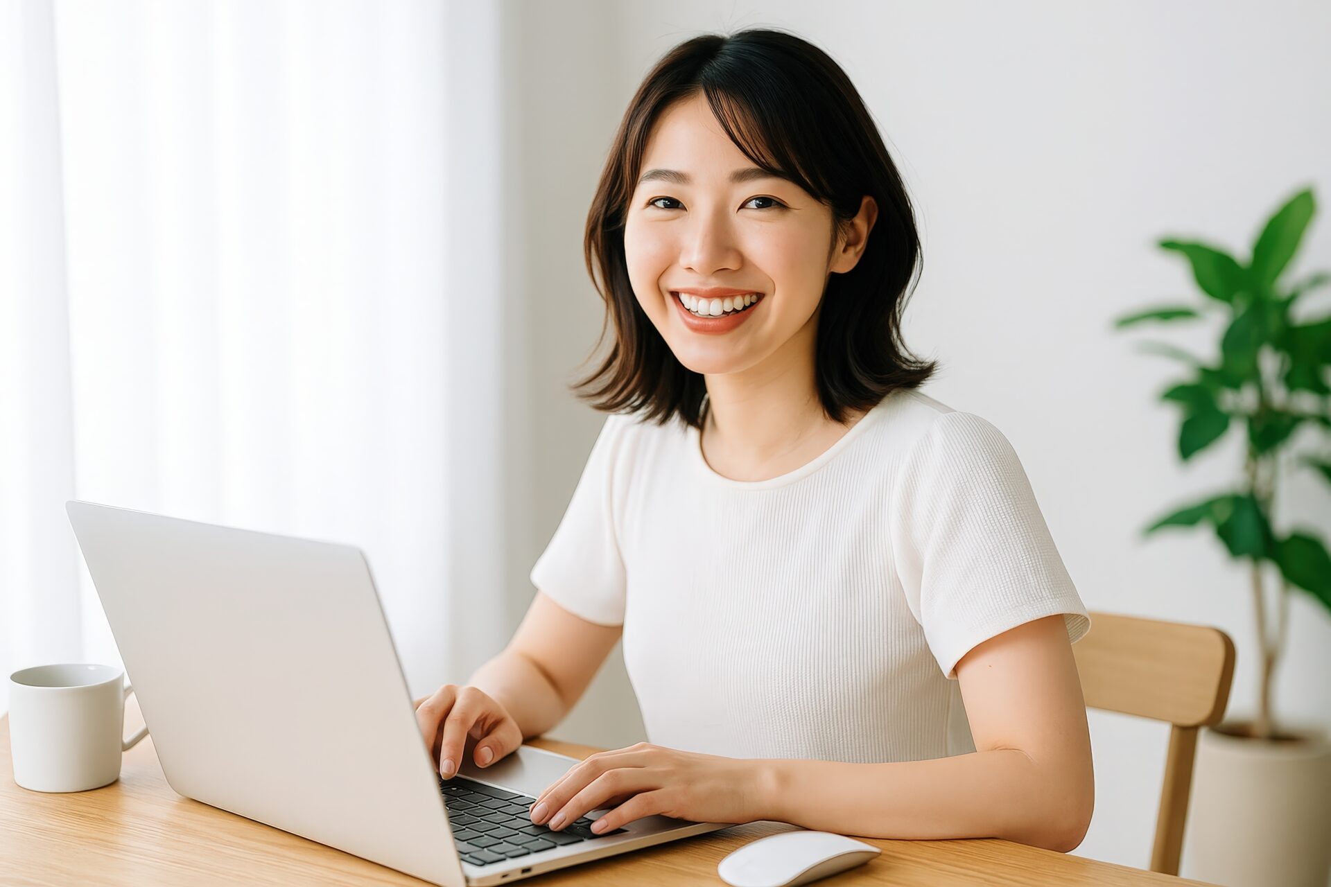 自宅でリモートワークをする笑顔の女性