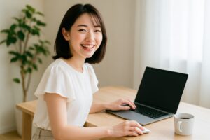 ノートパソコンを操作する若い女性