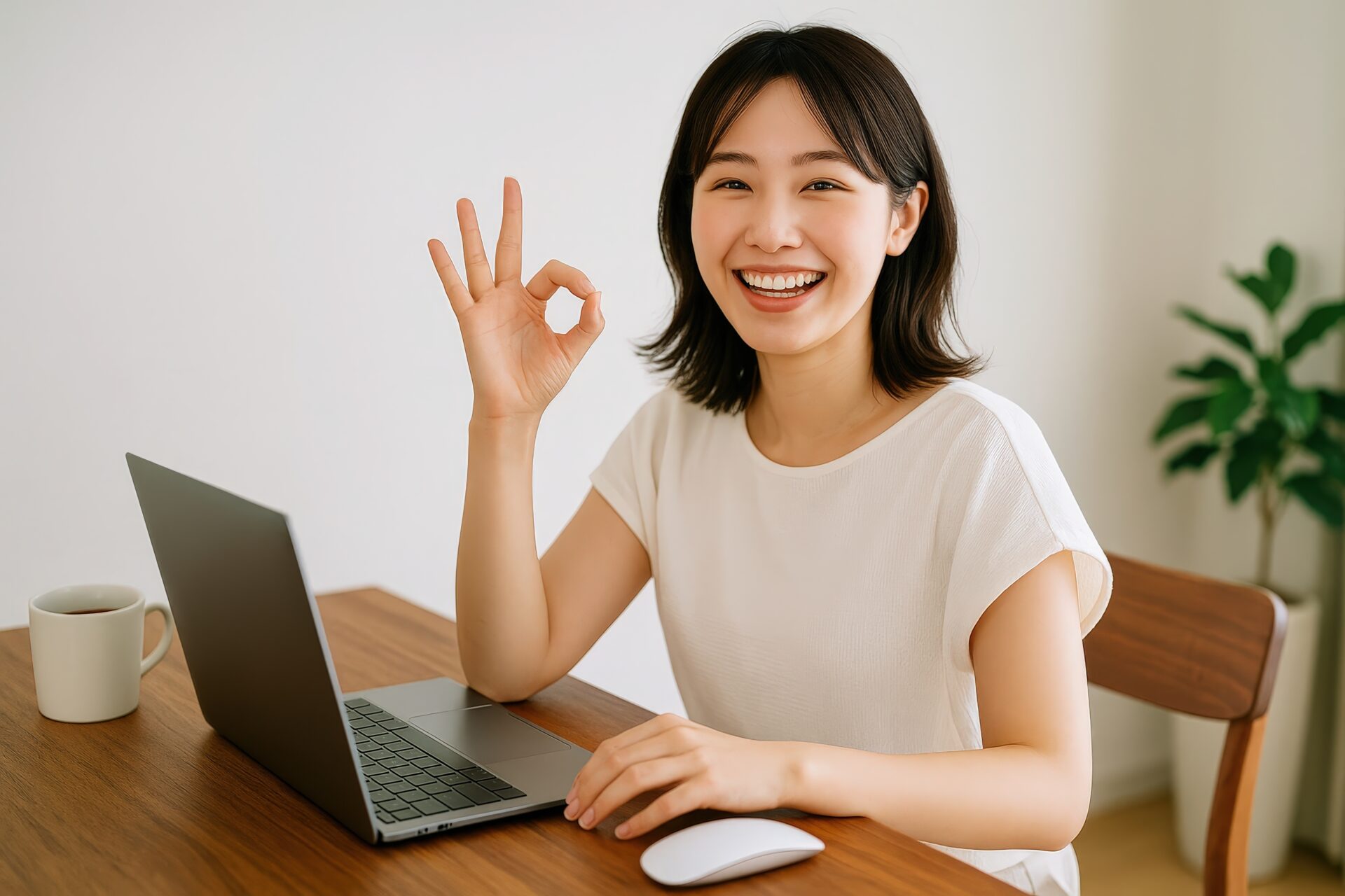 笑顔でOKサインを見せる若い女性