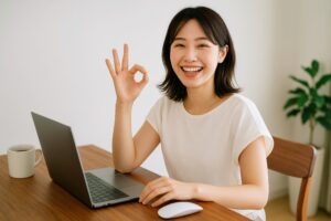 笑顔でOKサインを見せる若い女性