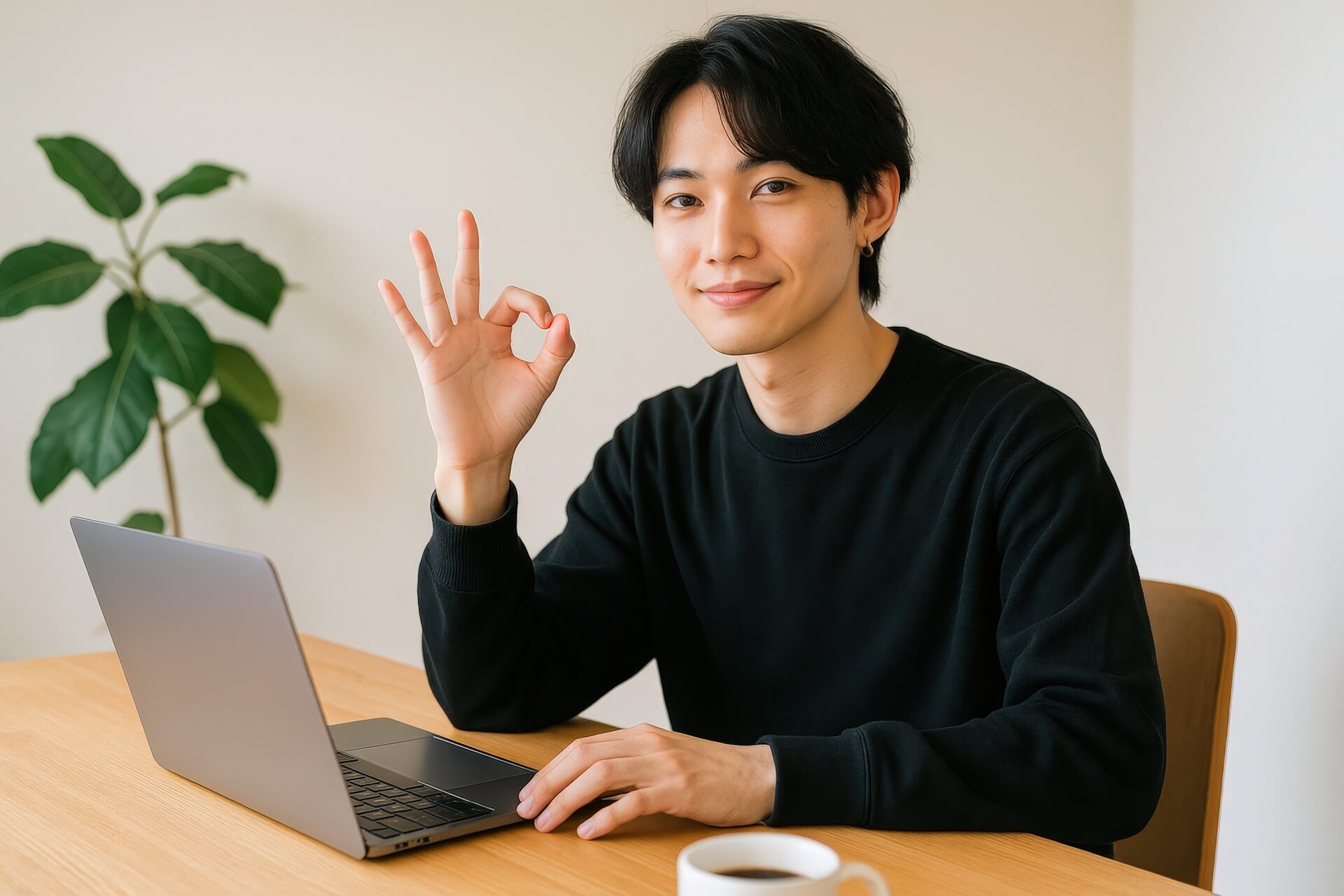 OKサインを出しながらノートパソコンを操作する男性