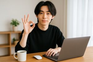 作業中に笑顔でOKサインを出す若い男性