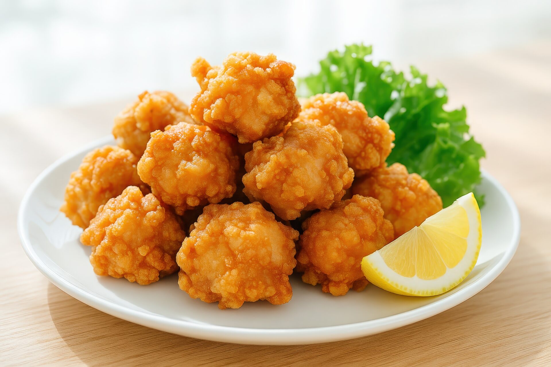 レモンとレタスを添えたジューシーな鶏の唐揚げ