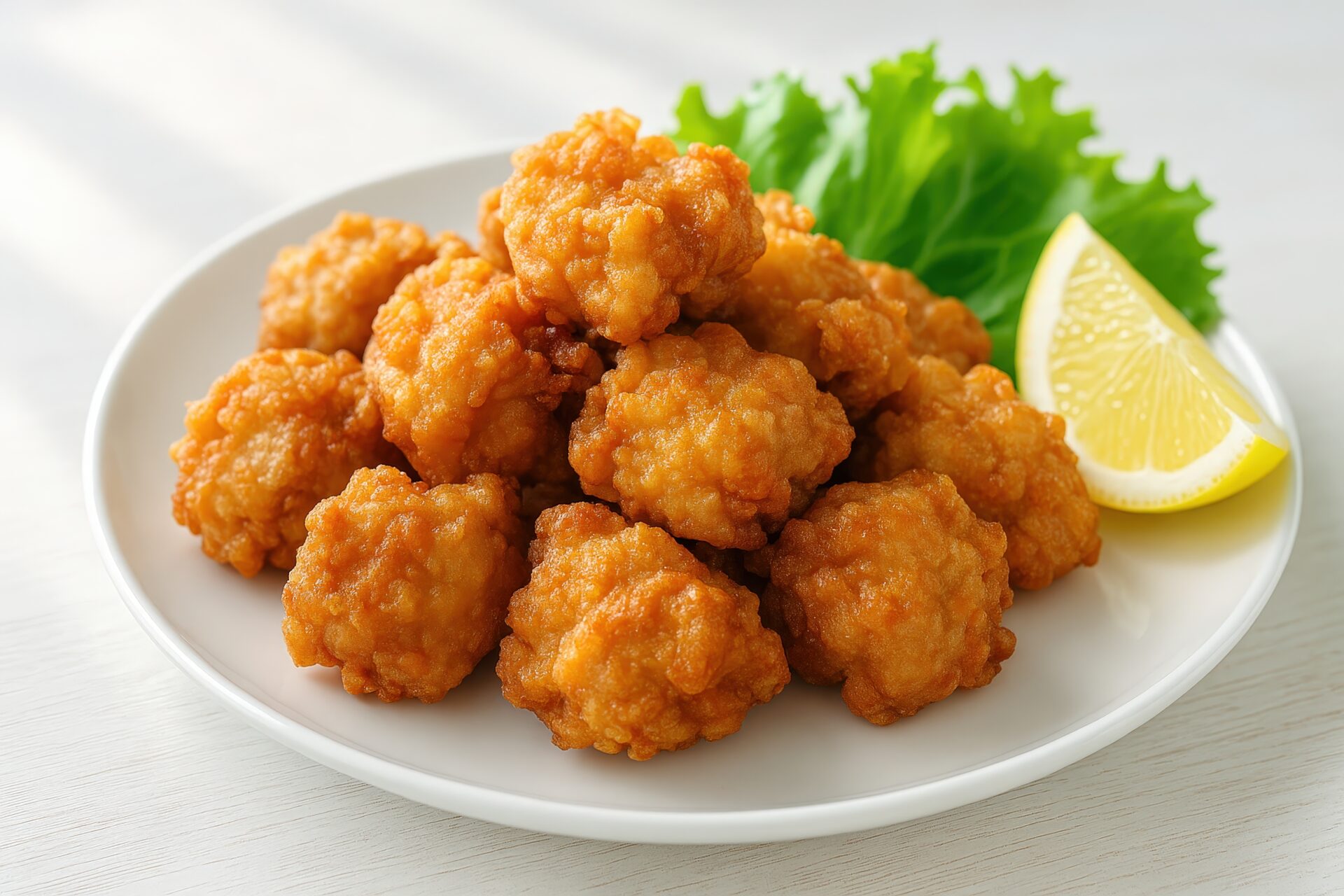 白い皿に盛り付けられた鶏の唐揚げとレモン