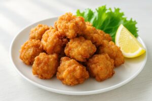 白い皿に盛り付けられた鶏の唐揚げとレモン