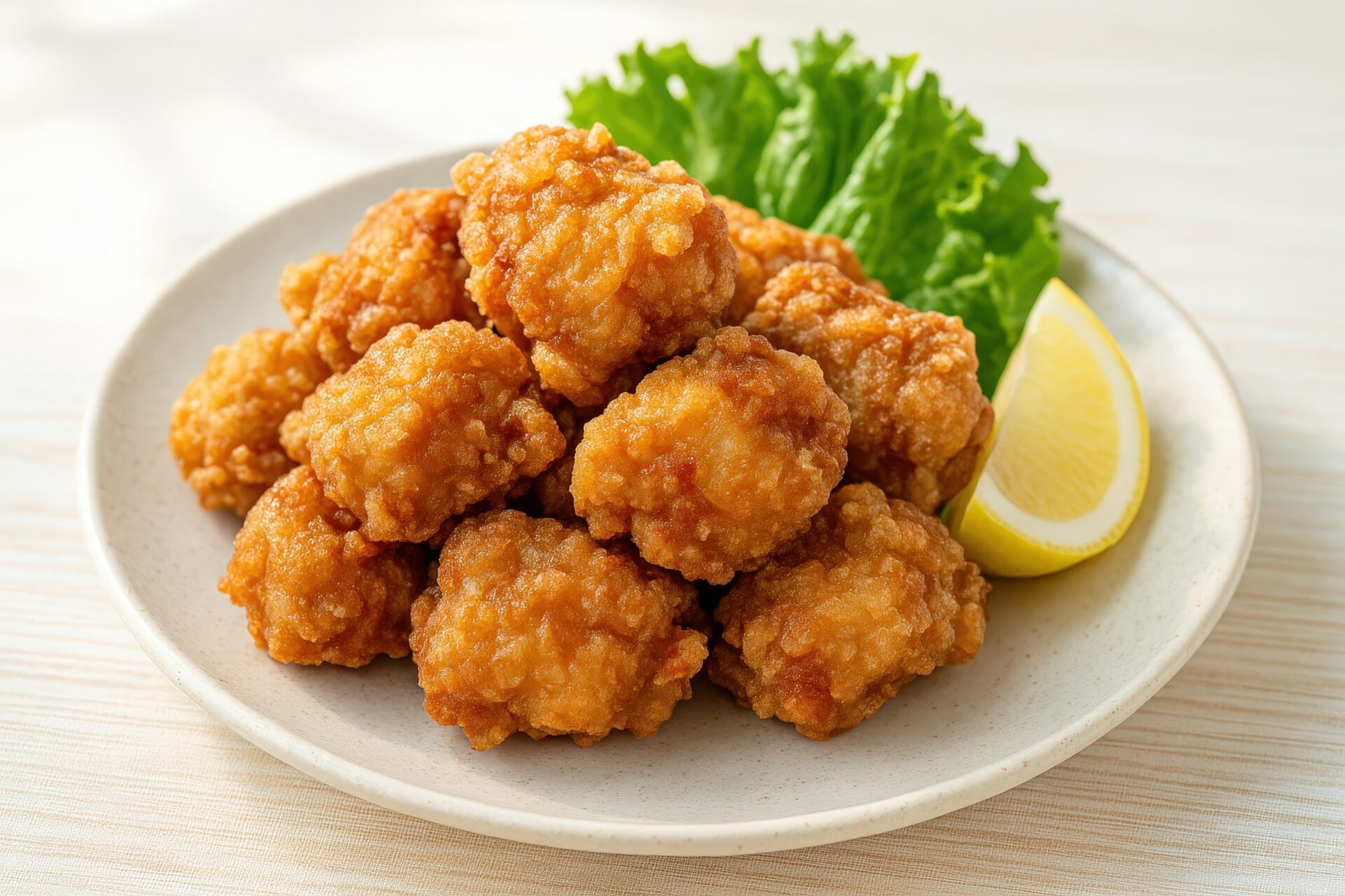 お皿に山盛りのカリッと揚がった鶏の唐揚げ