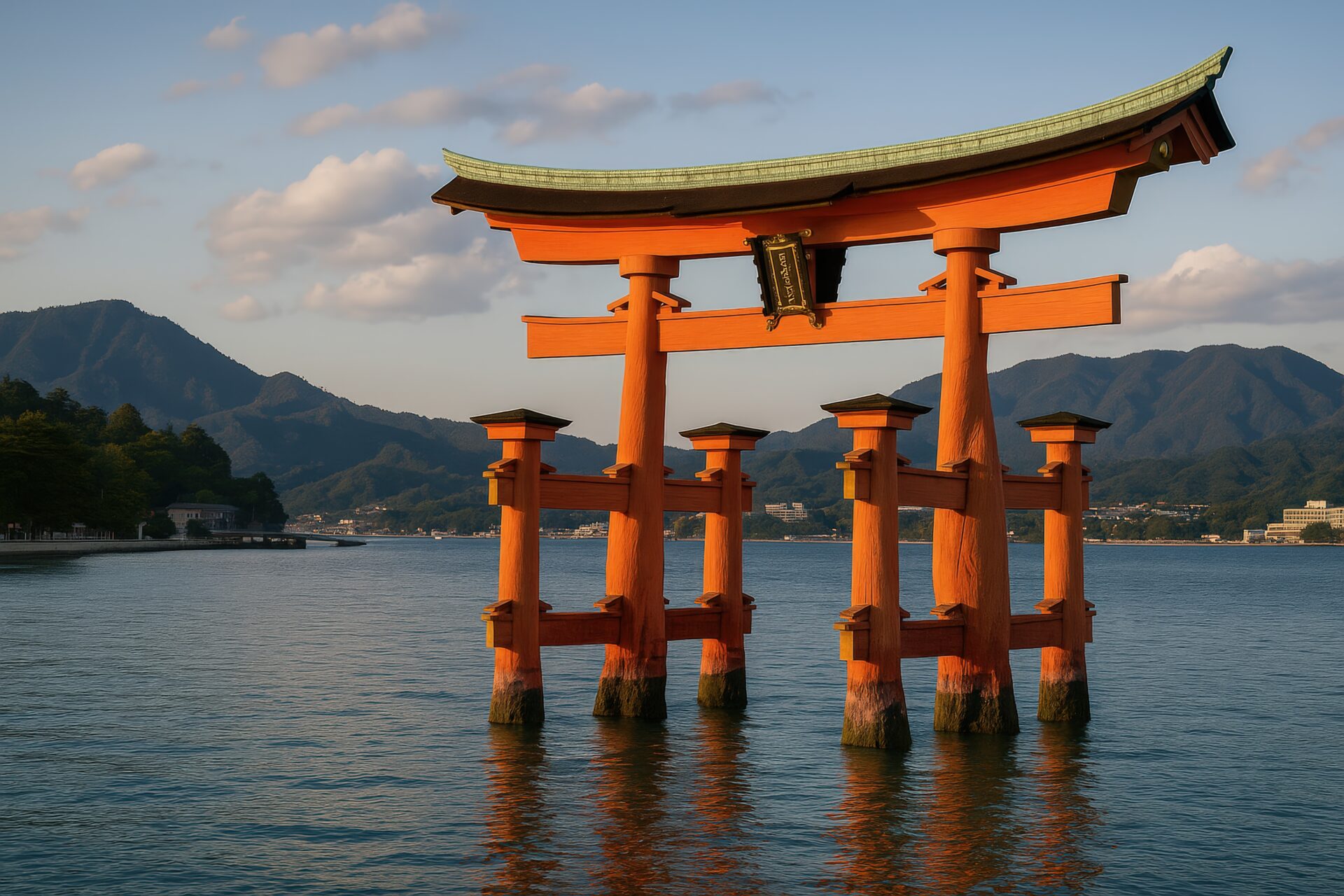 夕日に照らされる厳島神社の大鳥居