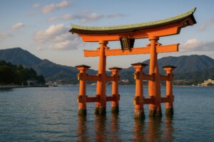 夕日に照らされる厳島神社の大鳥居