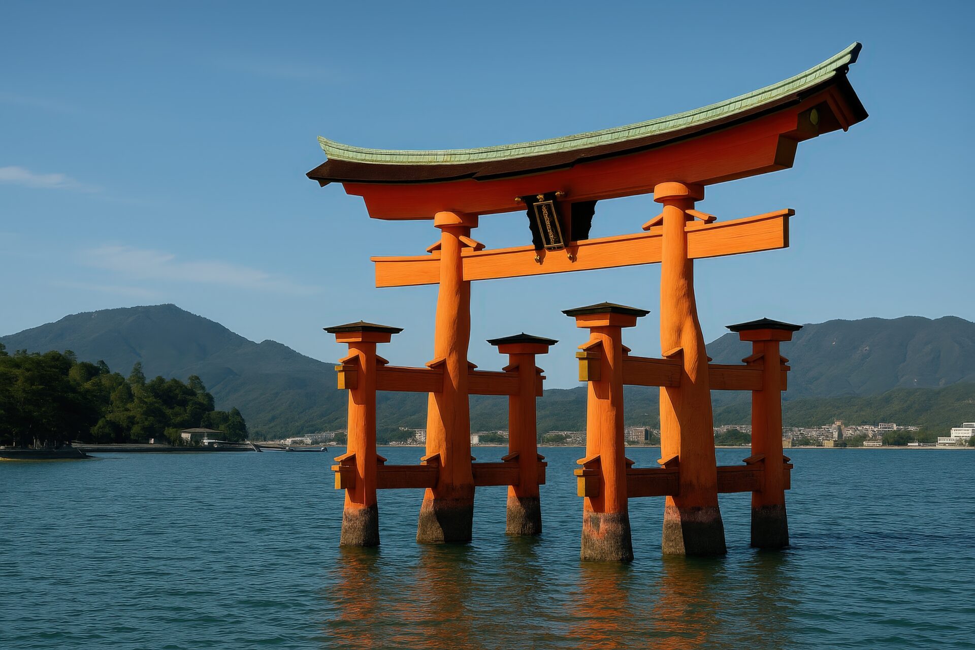 快晴の空の下に佇む厳島神社の大鳥居