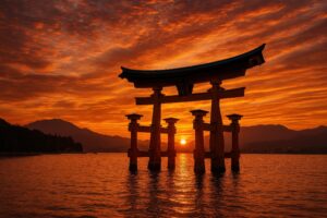ドラマチックな夕焼けと厳島神社の大鳥居