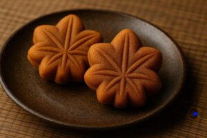 落ち着いた器にもみじ饅頭が二つ並ぶ