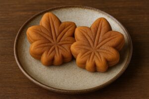 素朴な風合いの皿に盛られたもみじ饅頭