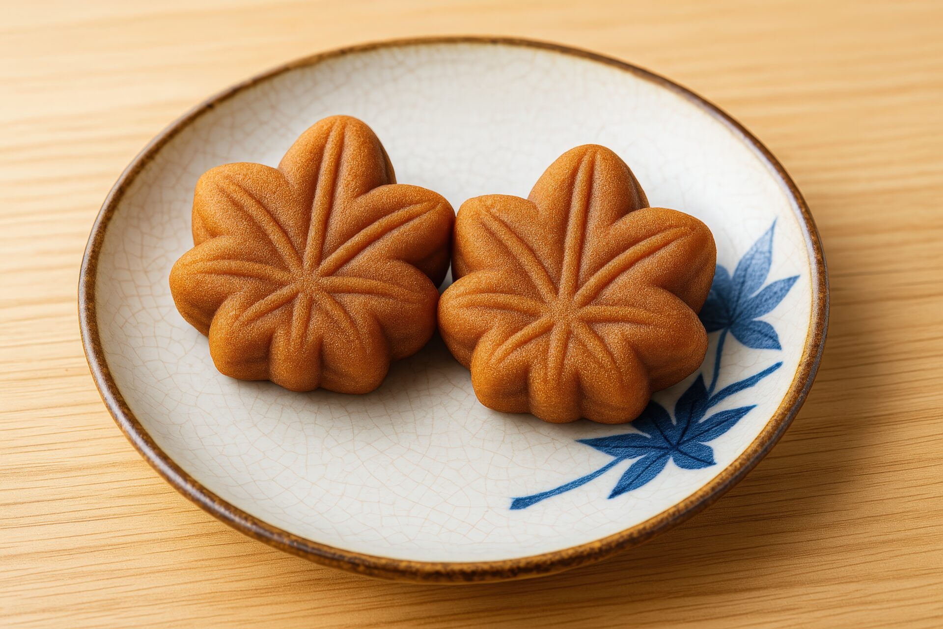 紅葉模様の皿に盛られたもみじ饅頭