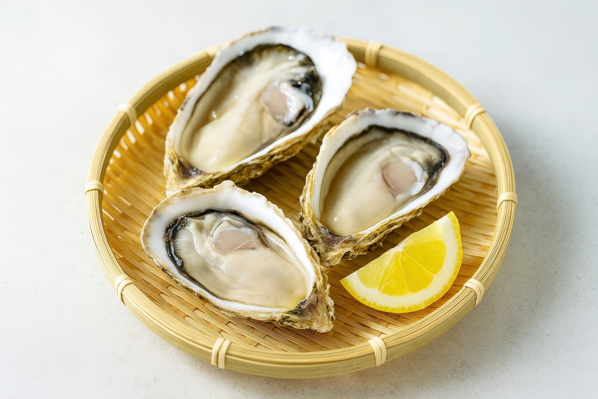 竹ざるに盛られた殻付き生牡蠣とレモン