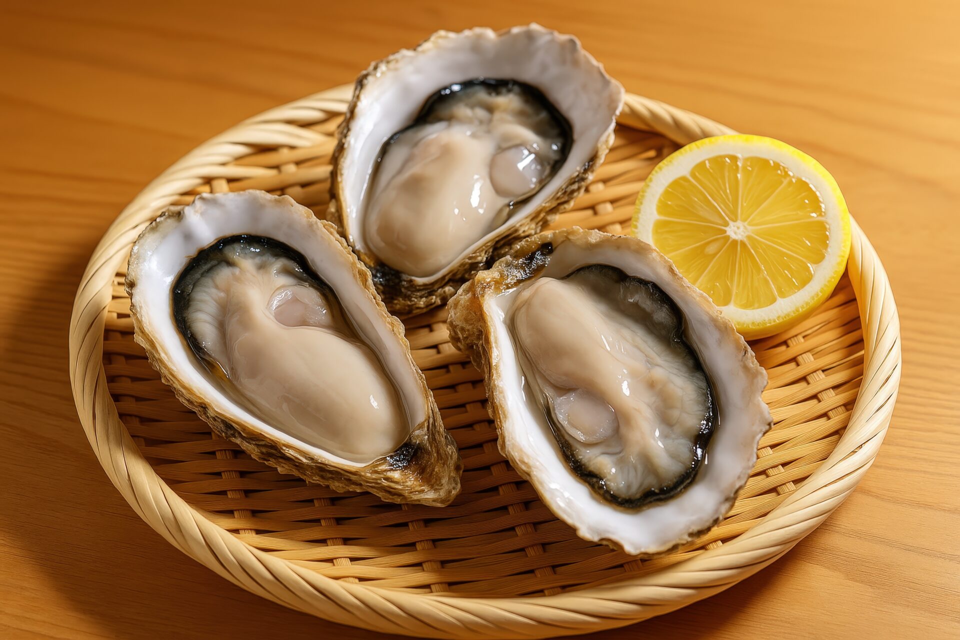 丸ごとのレモンとともに竹ざるに盛られた生牡蠣