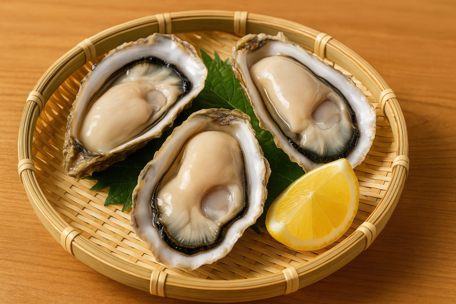 葉と一緒に盛り付けられたプリプリの生牡蠣