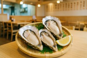 飲食店のカウンターで提供される生牡蠣とレモン
