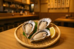 和風の店内に置かれた殻付き生牡蠣の盛り合わせ
