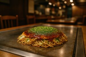 鉄板の上に焼かれた広島風お好み焼き