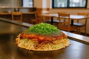 たっぷりの青ねぎが乗った広島風お好み焼き