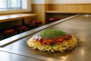 焼きたての広島風お好み焼きを店内で提供