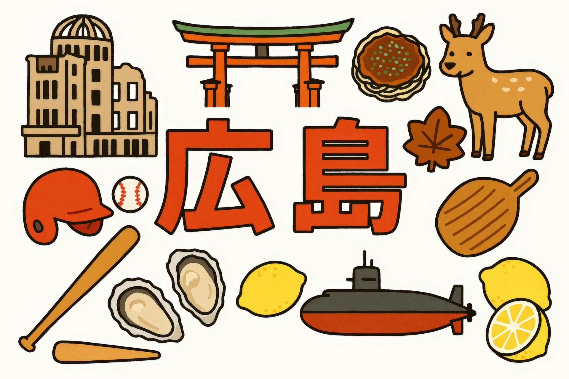 広島を象徴する食べ物や建物をまとめたイラスト