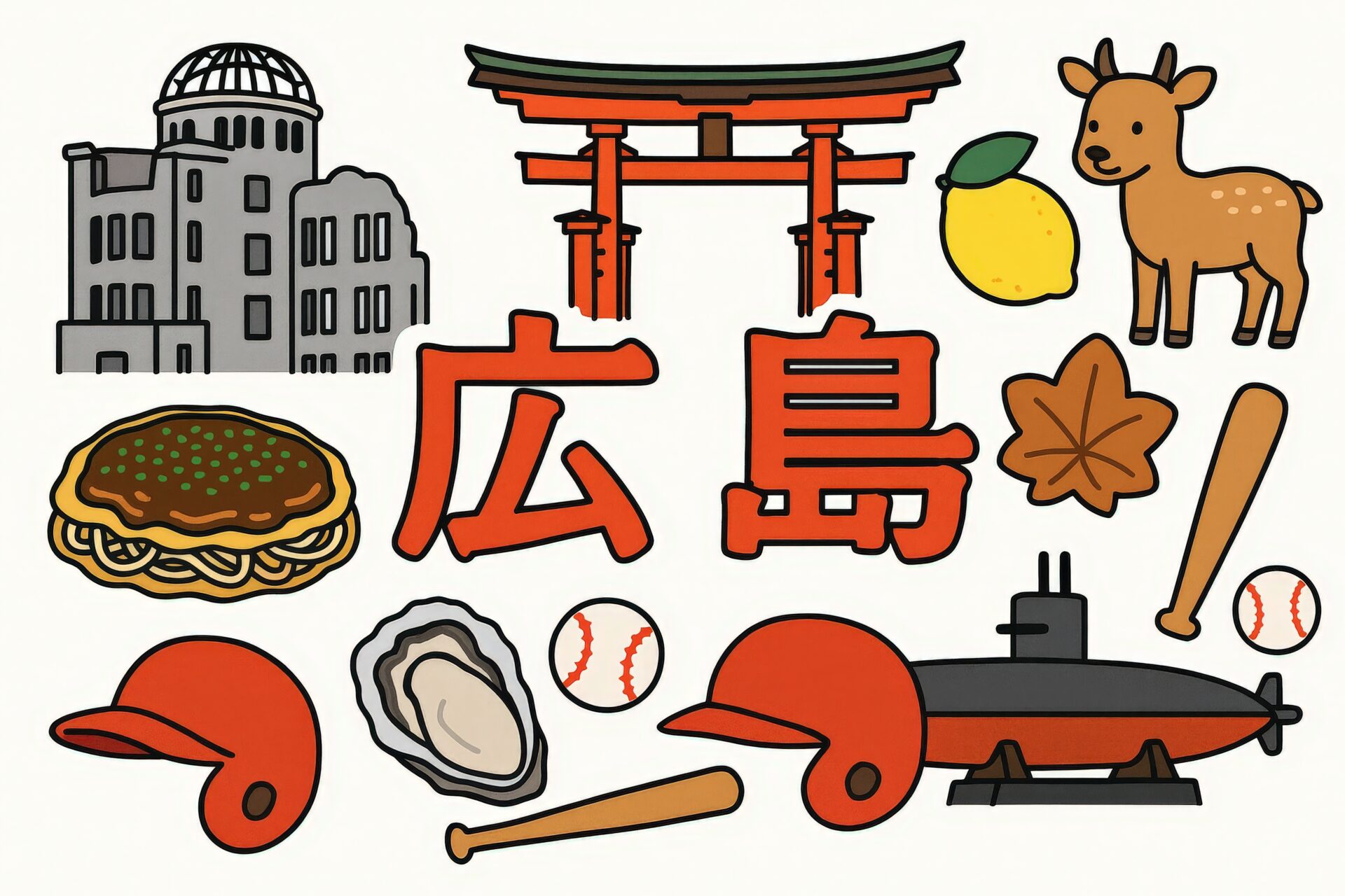 広島の観光スポットと名物料理のアイコン風イラスト