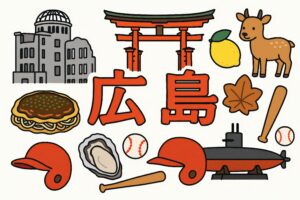 広島の観光スポットと名物料理のアイコン風イラスト
