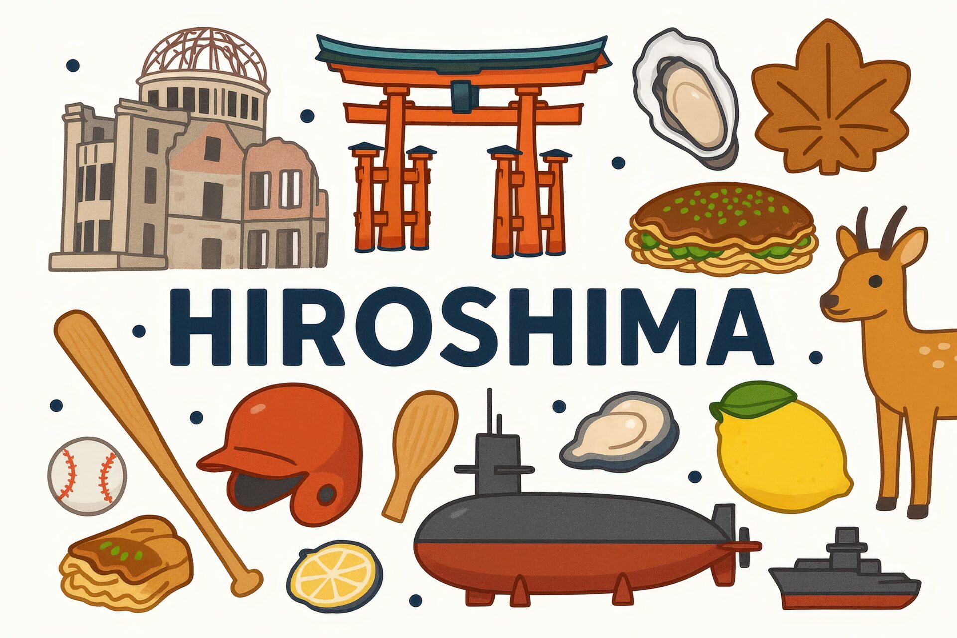 HIROSHIMAの文字と名産品を組み合わせたポップなイラスト