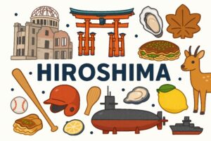 HIROSHIMAの文字と名産品を組み合わせたポップなイラスト
