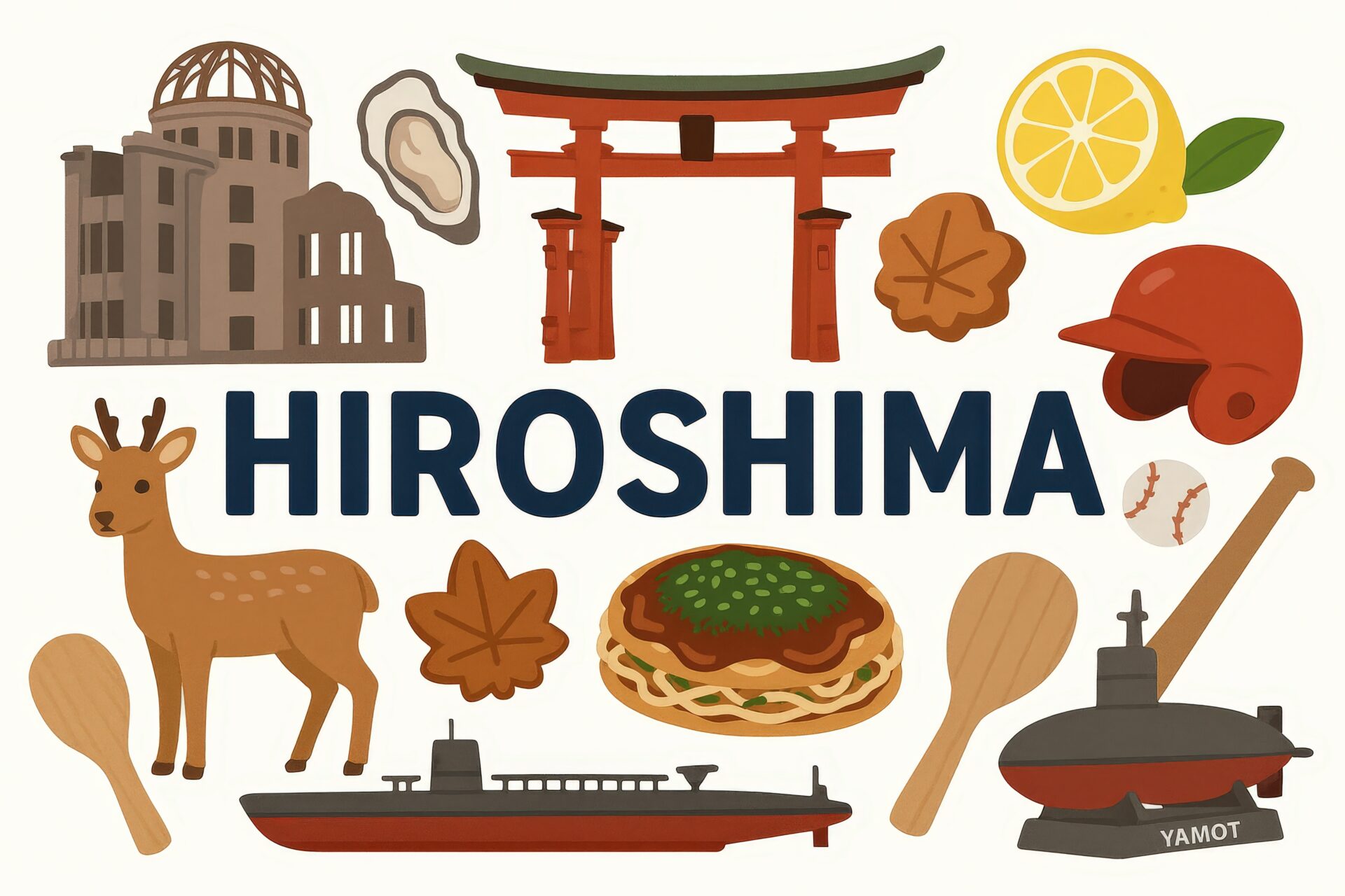 英語表記のHIROSHIMAと名所やグルメを描いたイラスト