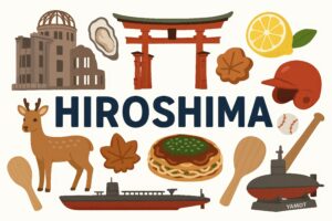 英語表記のHIROSHIMAと名所やグルメを描いたイラスト