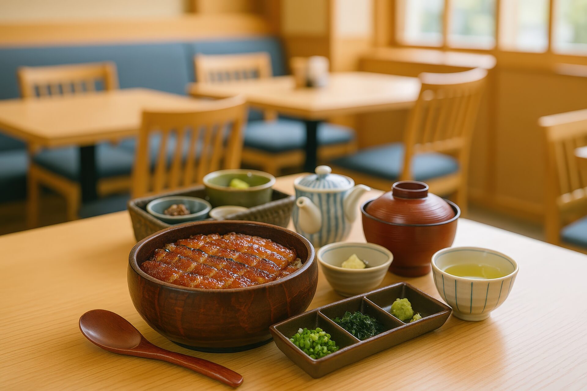 ひつまぶしと薬味が並ぶ和食の定食セット