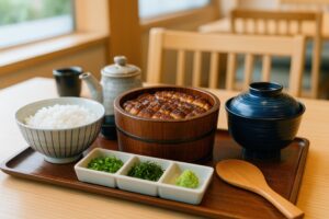 木の器に盛られたひつまぶしとご飯の和定食