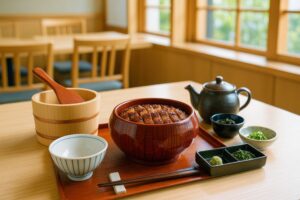 お櫃に入ったひつまぶしと薬味の落ち着いた和食セット