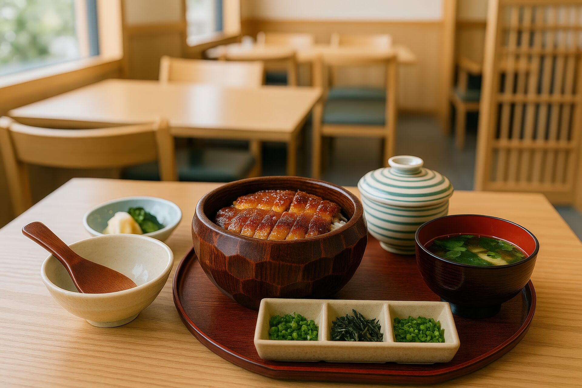 味噌汁付きのひつまぶし定食を店内で提供