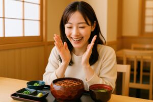 ひつまぶしを前に嬉しそうな表情を見せる若い女性