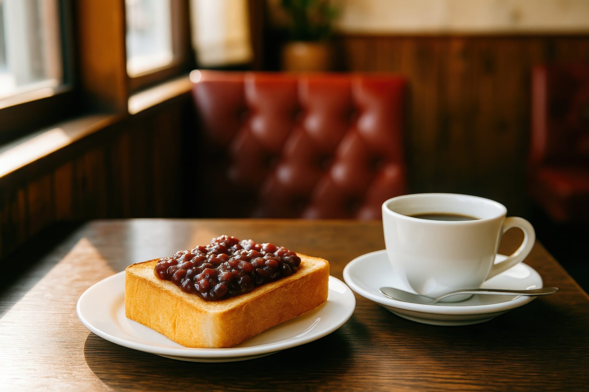 小倉トーストとコーヒーが並ぶレトロな喫茶店のテーブル